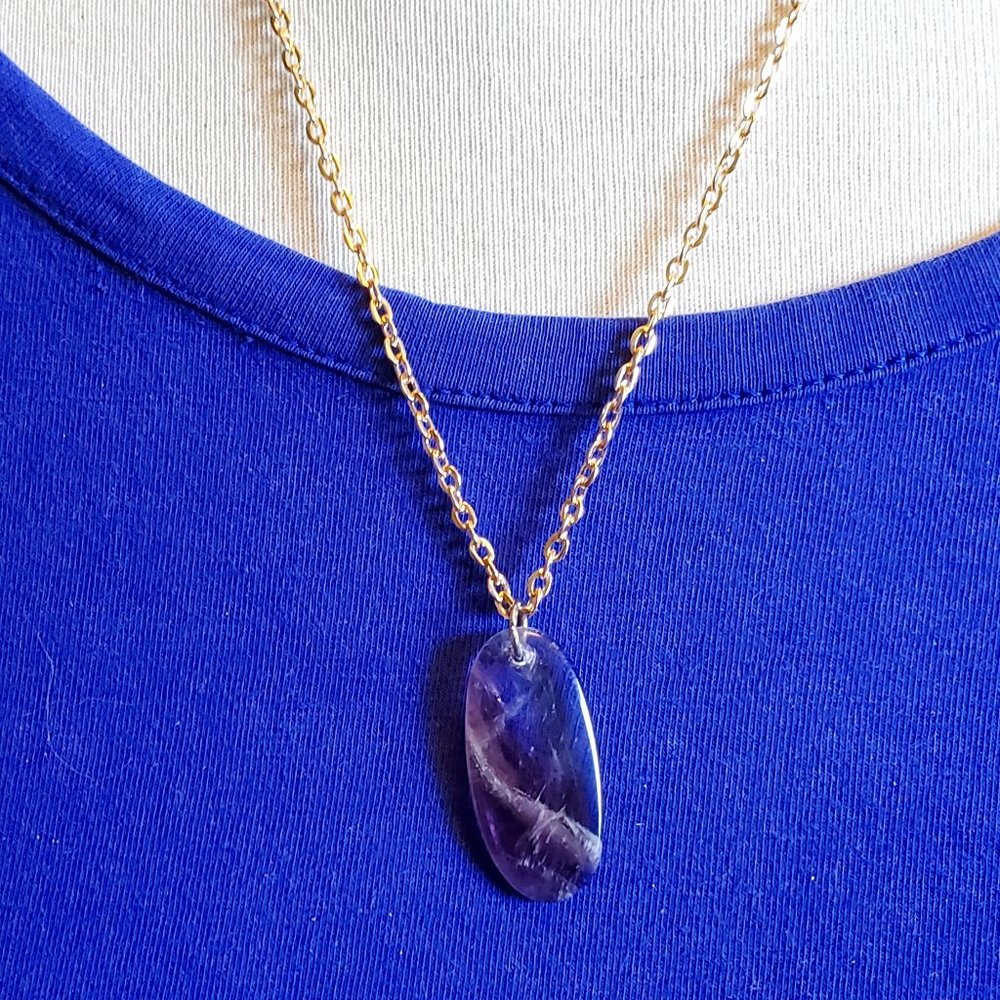 18" Gold Tone Amethyst Oval Pendant Necklace Reiki